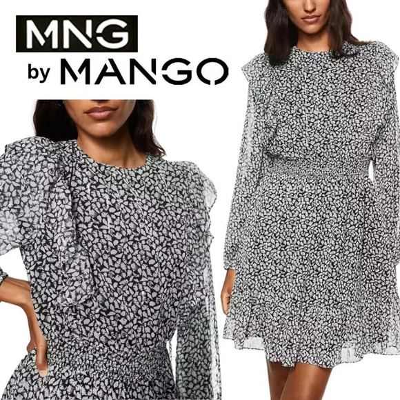 MNG by Mango, Shimmer Ruffled Long Sleeve Abstract Mini Dress, Black, White - Picture 1 of 11